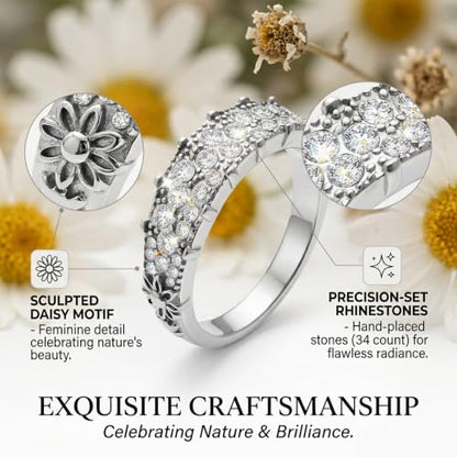 14K Non Tarnish Gold Rings for Women 34 Rhinestones Daisy Accents Stackable Stacking Gold Plated Womens Wedding Rings - color: Silver