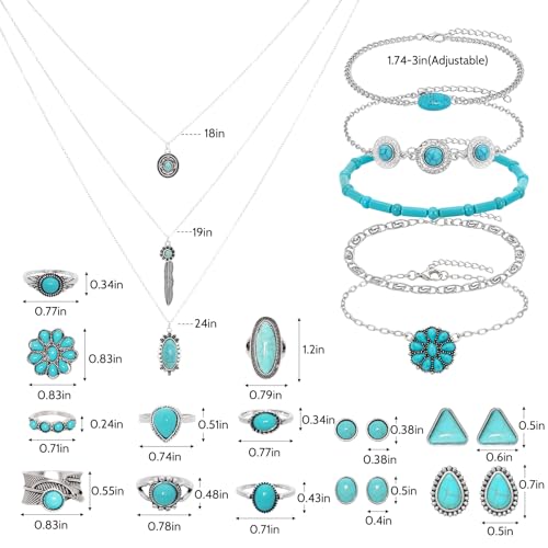 19 Pieces Bohemian Jewelry Set for Women Turquoise Necklace Dangle Earrings Stackable Bangle Bracelets Knuckle Rings Vintage Western Boho Turquoise Jewelry Set Gift