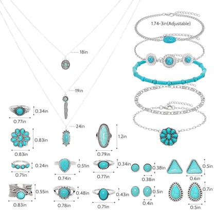19 Pieces Bohemian Jewelry Set for Women Turquoise Necklace Dangle Earrings Stackable Bangle Bracelets Knuckle Rings Vintage Western Boho Turquoise Jewelry Set Gift