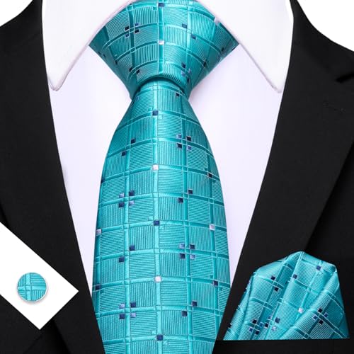 YOHOWA Men Plaid/Striped Ties Clip Set Silk Necktie Pocket Square Cufflinks | Woven Classic,Formal/Casual Mens Tie,Pocket Square Cufflinks Set,Luxury,Business,Wedding,Party,Prom,Graduation - color: Aqua