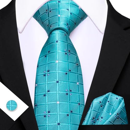 YOHOWA Men Plaid/Striped Ties Clip Set Silk Necktie Pocket Square Cufflinks | Woven Classic,Formal/Casual Mens Tie,Pocket Square Cufflinks Set,Luxury,Business,Wedding,Party,Prom,Graduation - color: Aqua