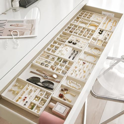 10 Pack Jewelry Organizer Tray Drawer Inserts Stackable Velvet Liner Dividers Customizable Jewellery Box Foam Ring Earring Holder Necklace Bracelet Storage Display Dish Flat in Dresser Vanity - color: Beige