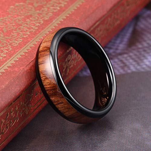 THREE KEYS JEWELRY Tungsten Wedding Band Koa wood Inlay Black Domed | 4mm, 6mm, 8mm, Everyday Wear, Black, Domed, Koa wood inlay - color: Black 6mm