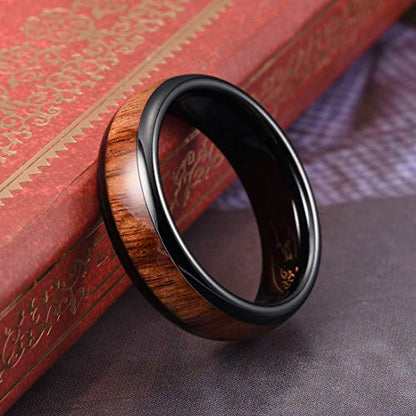 THREE KEYS JEWELRY Tungsten Wedding Band Koa wood Inlay Black Domed | 4mm, 6mm, 8mm, Everyday Wear, Black, Domed, Koa wood inlay - color: Black 6mm