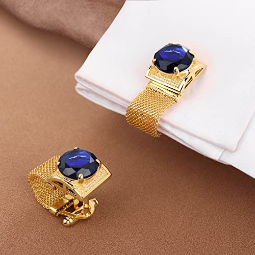 HAWSON Mens Cufflinks with Chain - Stone and Shiny Gold Tone Shirt Accessories - Party Gifts for Young Men - color: 24K Gold Color+Dark Blue Crystal