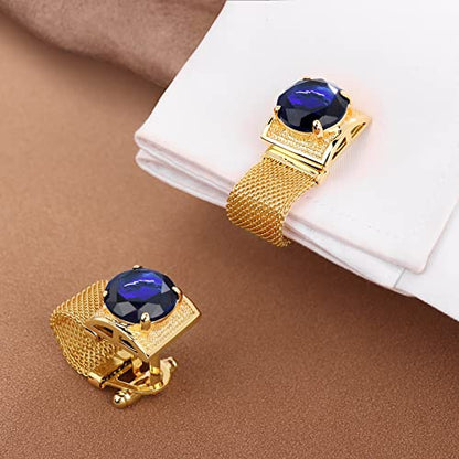 HAWSON Mens Cufflinks with Chain - Stone and Shiny Gold Tone Shirt Accessories - Party Gifts for Young Men - color: 24K Gold Color+Dark Blue Crystal