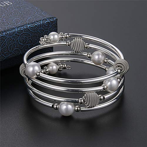 PEARL&CLUB Beaded Chakra Bangle Turquoise Bracelet - Fashion Jewelry Wrap Bracelet with Thick Silver Metal and Mala Beads, Birthday Gifts For Women - color: 63-White Shell Pearl