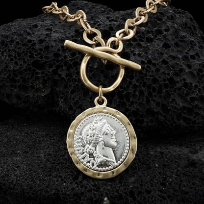 MISS SECRET Chunky Gold Necklaces for Women Coin Statement Necklace Antique Silver and Gold Chain Thick Toggle Pendant Trendy Fashion Jewelry - style: Worn Gold & Sliver