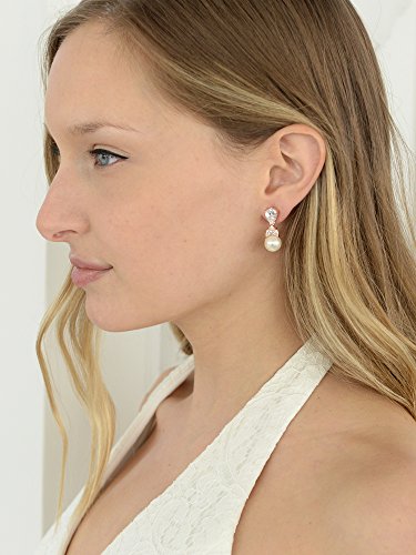Mariell Clip-On Pearl Drop Bridal Earrings with Cubic Zirconia Crystals and Ivory Pearls For Brides, Bridesmaids, Weddings, Jewelry Gift for Women - color: Rose Gold