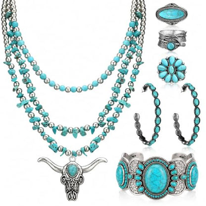 Ecally Bohemian Western Jewelry Turquoise Set Women Country Pendant Long Choker Layered Bracelets Earrings Ring for Women - color: Turquoise, style: Graceful