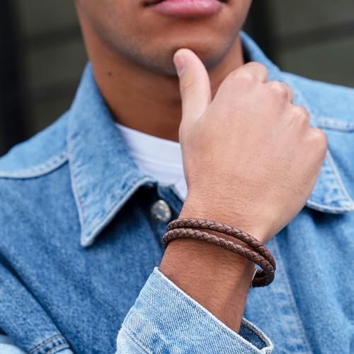 RTZN® Brown Leather Bracelet for Men – Premium Artisan Handcrafted Mens Leather Bracelet – Multi-Stand Mens Bracelet Leather Collection | Beaded Tiger Eye, Silver Chain, and Braided Brown Leather - color: Double Braided, size: Small