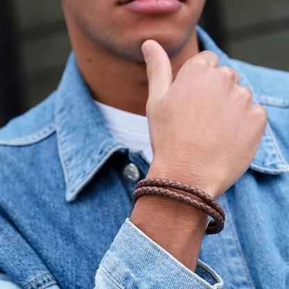 RTZN® Brown Leather Bracelet for Men – Premium Artisan Handcrafted Mens Leather Bracelet – Multi-Stand Mens Bracelet Leather Collection | Beaded Tiger Eye, Silver Chain, and Braided Brown Leather - color: Double Braided, size: Small