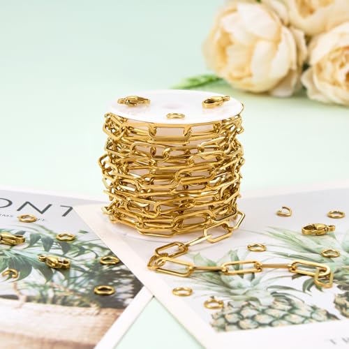 UMAOKANG 6.6 Feet Paperclip Chain for Jewelry Making Gold Plated Stainless Steel Bulk Chain on Spool - color: Paperclip Gold