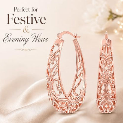 LeCalla 925 Sterling Silver Chunky Hoop Earrings | Filigree Heart Hoop Earrings for Women | Oval & Round Mesh Filigree Click-Top Hoops Earring | Hypoallergenic Earrings for Women - color: Rose Gold Oval Heart Filigree 28MM