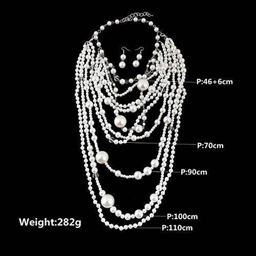 Multilayer Strand Chain Faux Pearls Flapper Beads Cluster Long Choker Necklace - color: Silver White Necklace+Pierced Earrings