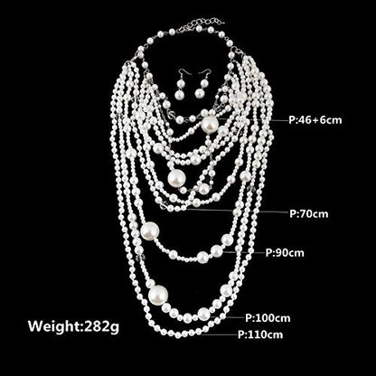 Multilayer Strand Chain Faux Pearls Flapper Beads Cluster Long Choker Necklace - color: Silver White Necklace+Pierced Earrings