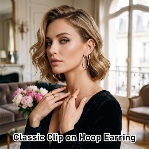 5 Pairs Clip On Hoop Earrings for Women, Silver Gold Clip on Earrings Stainless Steel No Piercing Fake Hoop Earring for Non-Pierced Ears 15mm 30mm 50mm