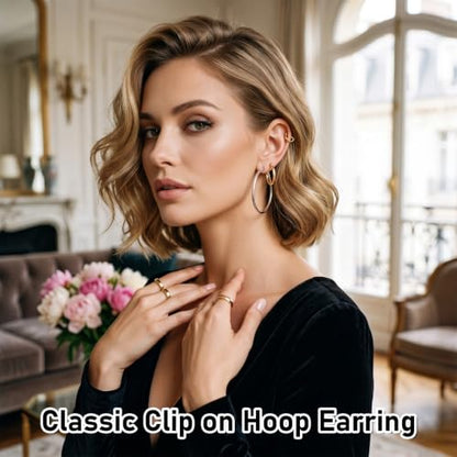 5 Pairs Clip On Hoop Earrings for Women, Silver Gold Clip on Earrings Stainless Steel No Piercing Fake Hoop Earring for Non-Pierced Ears 15mm 30mm 50mm