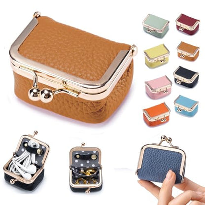 Genuine Leather Mini Jewelry Box & Coin Purse for Women, Travel Jewelry Case with Kiss Lock, Holds Earrings, Rings, Necklace, Bracelet, Coins (Caramel) - color: Caramel