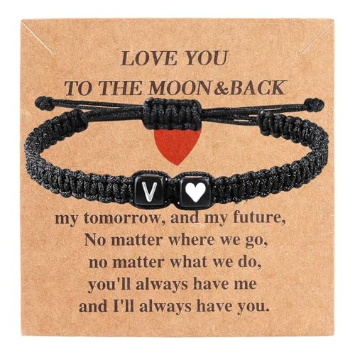 Valentines Day Gifts for Him Her Heart Love Letter Initial Matching Couple Bracelets for Women Men Teen Gifts Best Friend Graduation Birthday Gifts A-Z Braided Bracelet Son Daughter Dad Jewelry - color: Black-V