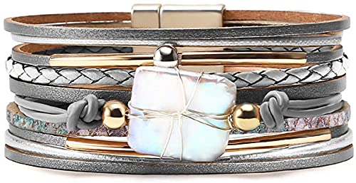 Fesciory Leather Wrap Bracelets for Women, Boho Western Layered Jewelry | Layered leather cuff bracelets, Easy on and off, Boho western style, Daily wear, Gift for women - color: Gray 2