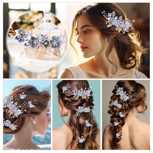 5 Pieces Wedding Hair Comb Bridal Hair Pins Crystal Pearl Accessories Rhinestone Flower Piece for Wedding Bride Women(Light Blue,Fresh Style)