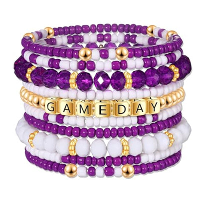 ZOLEAROPY Game Day Bracelets Stack Football Bracelets for Women Men Stackable Game day Bracelet Accessories Football Mom Outfit Jewelry Gifts - color: purple white