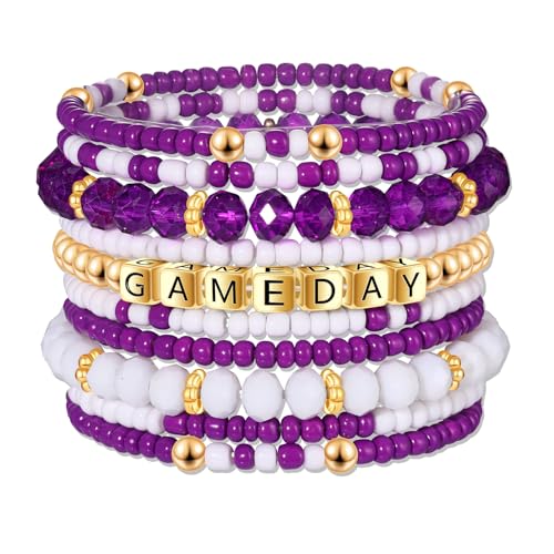 ZOLEAROPY Game Day Bracelets Stack Football Bracelets for Women Men Stackable Game day Bracelet Accessories Football Mom Outfit Jewelry Gifts - color: purple white