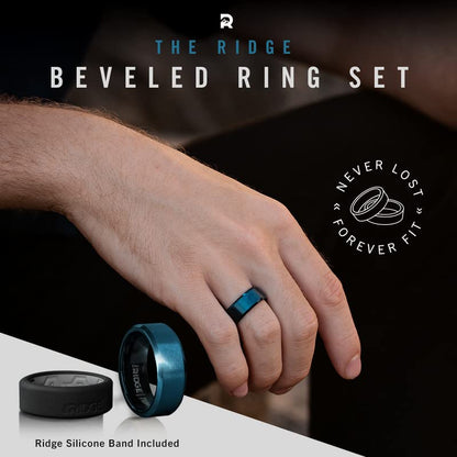 The Ridge Tungsten Rings For Men - Mens Wedding Band - Strong, Durable, and Scratch-Resistant Beveled Ring With Silicone Band - color: Alpine Navy