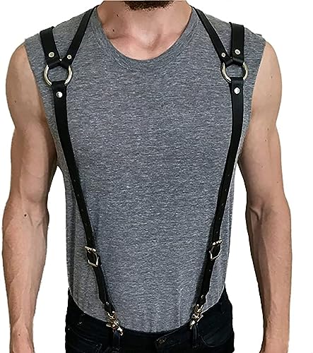 Mens Black Leather Armors Suspenders Shoulder Strap Body Chest Harness Chain Belt Adjustable Gay Punk Clubwear Costume - color: Black3