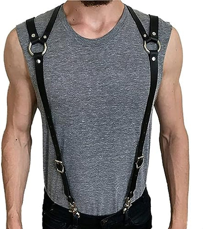 Mens Black Leather Armors Suspenders Shoulder Strap Body Chest Harness Chain Belt Adjustable Gay Punk Clubwear Costume - color: Black3