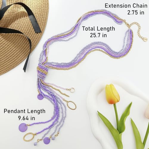 Coiris Long Seed Beaded Multi Strand Necklace,10 Multiple Statement Long Bib Necklace with Tie Knot for Women and Girls Jewelry - color: Purple