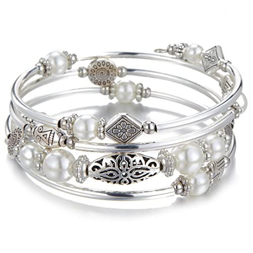 BULINLIN Layered Wrap Bangle Turquoise Bracelet - Bead Bracelet with Natural Agate Stone, Gifts For Women - color: 03-White pearl