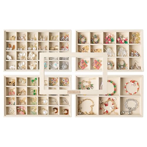 Stackable Jewelry Trays,Set of 4 Jewelry Organizer for Drawer | Glass Lid,Removable Dividers,Stackable Design,Velvet Material,Drawer Inserts,Earring Organizer,Jewelry Box for Rings Bracelet - color: Beige, size: Set5-B