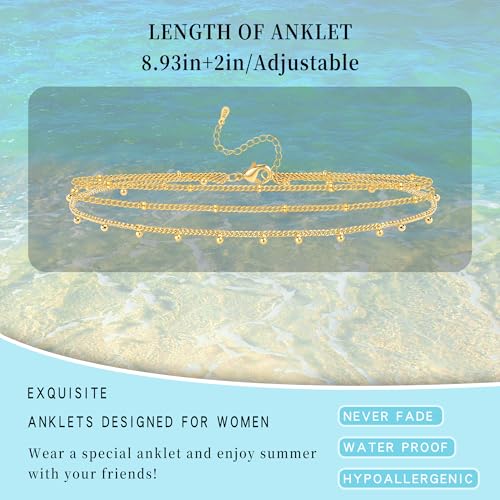 Sterling Silver Ankle Bracelets for Women 14k Gold Plated Waterproof Layered Stackable CZ Charm Non Tarnish Adjustable Anklet for Summer Beach Birthday Jewelry Gift - color: gold C