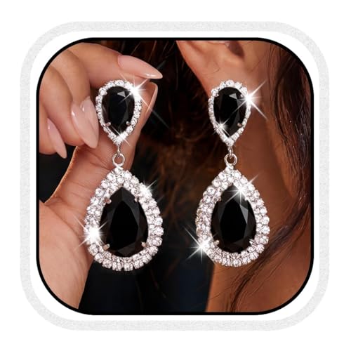Unicra Silver Rhinestone Teardrop Earrings Crystal Wedding Bridal Dangle Earrings Prom Drop Earrings for Women and Brides - color: Black