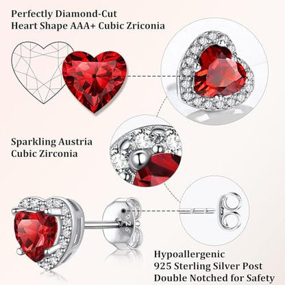 Bestyle Sparkling 925 Sterling Silver Birthstone Stud Earrings for Women, Heart/Round/Teardrop/Square Solitaire Diamond Studs Earrings, Great Birthday/Christmas Gifts - style: 01. Red Garnet-Jan.-heart
