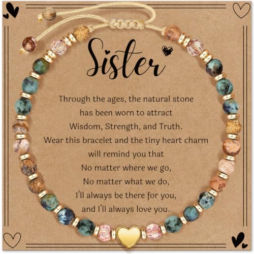 Inspirational Bracelets Gifts for Women: Healing Natural Stone Beads Bracelets - Birthday Mothers Day Gifts Thinking of you Get Well Soon Gift for Women Friends Sister Mom - color: HEART-SISTER
