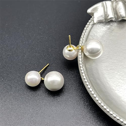Double Pearl Drop Earrings for Women 925 Sterling Silver | 18k Gold Plated Big Large Pearl Dangle Earrings Pearl Dangling Stud Earring Bridal Wedding Jewelry Birthday Gifts for Mom - color: Grey
