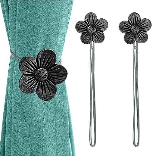 Lewondr Magnetic Curtain Tiebacks, Flower Vintage Curtain Holdbacks, Ink | 1 Pair, Resin Curtain Ties with Rope Drapery Retro Window Curtain Decorative Buckle Holder for Outdoor, Home, Cafe Balcony - color: Ink, size: 2 Pieces