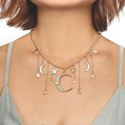 Moon Stars Tassel Pendant Necklaces Big Moon Clavicle Necklace Star Tassel Collarbone Chain Fashion Moon Choker Celestial Star Long Tassel Neck Accessories Jewelry for Women - color: Gold