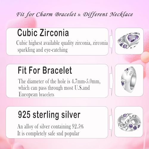 MICOO 925 Sterling Silver Jan-Dec Birthstone Charms For Bracelets and Necklaces, Original DIY Bead Charms With Cubic Zirconias Jewelry Birthday Gifts For Women. - color: 2-Feb Birthstone charm