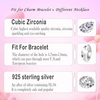 MICOO 925 Sterling Silver Jan-Dec Birthstone Charms For Bracelets and Necklaces, Original DIY Bead Charms With Cubic Zirconias Jewelry Birthday Gifts For Women. - color: 2-Feb Birthstone charm