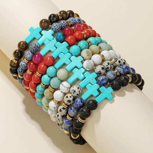 Beaded Bracelets Cross Bracelet for Women Men Lava Rock Turquoise Tiger Eye Natural Bracelet Anxiety Healing - color: 10 Pcs- green cross