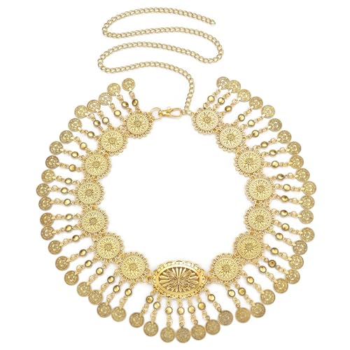 CHIC DIARY Metal Chain Belt for Women Coin Belly Link Tassel Belt for Dress | Boho Style Coin Pendant Tassel Belt Gold/Silver Adjustable Concho Belly Dance Belts for Dresses Skirts Jeans - color: Gold-dance