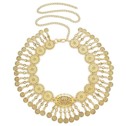 CHIC DIARY Metal Chain Belt for Women Coin Belly Link Tassel Belt for Dress | Boho Style Coin Pendant Tassel Belt Gold/Silver Adjustable Concho Belly Dance Belts for Dresses Skirts Jeans - color: Gold-dance
