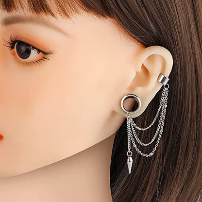 2PCS 6mm-25mm (2G-1") Trendy Cuff Clip Triple Chain Dangle Ear Plugs Gauges Screw Ear Tunnels for Women Men Hypoallergenic 316 Stainless Steel Ear Body Piercing Jewelry - size: 6mm/2g
