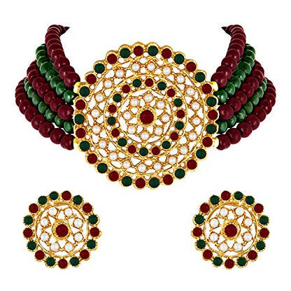 Aheli Pearl Diamond Choker Necklace & Round Earrings Gift for Women Indian Traditional Bollywood Fashion Bharatanatyam jewellery set - color: Green & Red