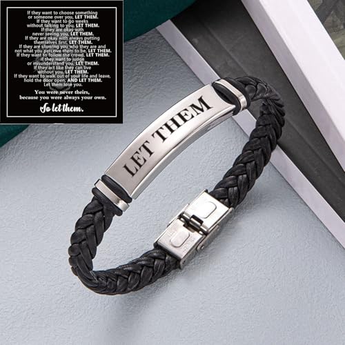 Let Them Infinity Leather Bracelet, Self Worth Motivation Bracelet Stainless Steel Black Braided Leather Bangle Bracelets Handmade Engraved Inspirational Friendship Jewelry Gift for Men - style: Silver