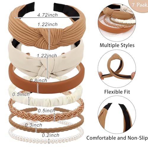 7 Pack Headband for Women Girls Cute Headbands for Women Cute Pearl Beads Solid Knotted Diademas para Mujer de Moda Cute Hair Accessories - color: Neutral